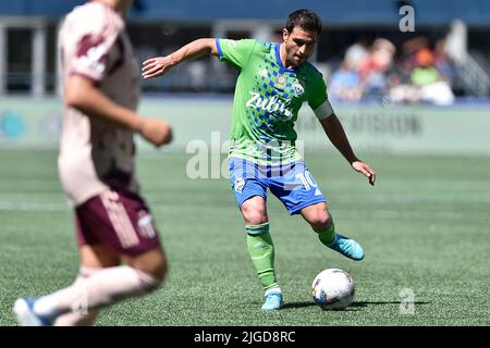 Seattle, WA, Stati Uniti. 09th luglio 2022. Il centrocampista dei Seattle Sounders Nicolas Lodeiro durante la partita di calcio MLS tra il Portland Timbers e il Seattle Sounders FC al Lumen Field di Seattle, WA. Portland sconfisse Seattle 3-0. Steve Faber/CSM/Alamy Live News Foto Stock