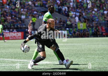 Seattle, WA, Stati Uniti. 09th luglio 2022. Il portiere dei Seattle Sounders Stefan Frei durante la partita di calcio MLS tra il Portland Timbers e il Seattle Sounders FC al Lumen Field di Seattle, Washington. Portland sconfisse i Sounders 3-0. Steve Faber/CSM/Alamy Live News Foto Stock