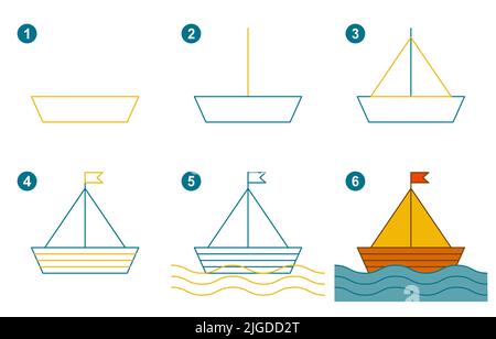 Istruzioni per disegnare la barca a vela. Passo dopo passo. Illustrazione Vettoriale