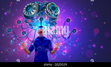 Big Artificial Brain o Supercomputer con intelligenza artificiale tramite cavi collegati al cervello umano. Apprendimento profondo delle reti neurali, concetto di intelligenza artificiale Illustrazione Vettoriale