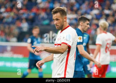 San Pietroburgo, Russia. 09th luglio 2022. Maciej Rybus (No.13) di Spartak visto durante la partita di calcio dell'Olimpbet Russian Football Super Cup tra Zenit San Pietroburgo e Spartak Mosca alla Gazprom Arena. Punteggio finale; Zenit 4:0 Spartak. Credit: SOPA Images Limited/Alamy Live News Foto Stock