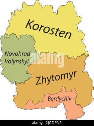 Mappa con tag pastello di raioni dell'OBLAST DI ZHYTOMYR, UCRAINA Illustrazione Vettoriale