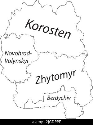 Mappa bianca di raioni dell'OBLAST DI ZHYTOMYR, UCRAINA Illustrazione Vettoriale