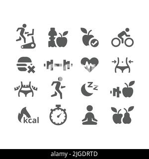 Set di icone vettoriali per allenamento e allenamento. Fitness, perdita di peso e cibo sano e stile di vita pieno icone. Illustrazione Vettoriale