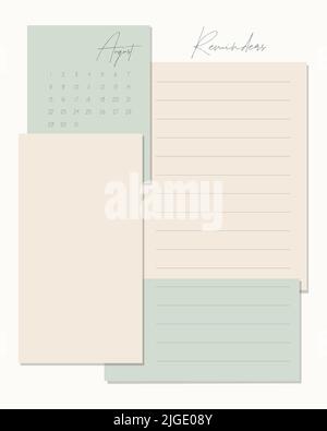 Promemoria Calendario agosto 2022 per fare elenco , modello, vuoto, scrapbooking, piani, vintage. Illustrazione vettoriale Illustrazione Vettoriale