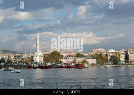 Vista del molo di Kadikoy, della moschea di Haydarpasa e del distretto di Kadikoy della città di Istanbul, Turchia, dallo stretto di Bosforo Foto Stock