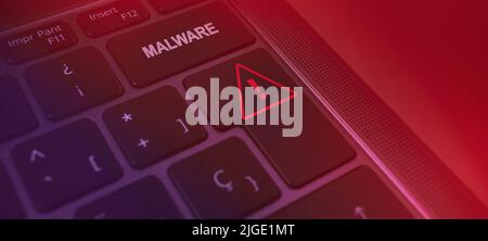 Banner della tastiera di avviso malware. Tecnologia aziendale per la protezione dei dati di sicurezza informatica. Foto Stock