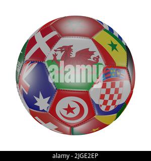 Bandiera del Galles tra le altre bandiere del mondo su pallone da calcio 3D. Isolato su bianco. Qatar 2022. Rendering Foto Stock