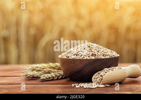 grani di grano in ciotola di legno e scoop su tavola all'aperto Foto Stock