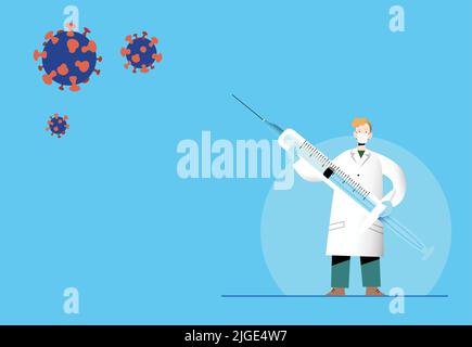 COVID-19 Campagna internazionale di vaccinazione contro il coronavirus. Trattamento con vaccino contro il covid. Vettore piatto del medico che tiene una siringa, con maschera facciale. Illustrazione Vettoriale