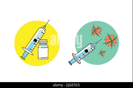 Set di due icone vettoriali della siringa di vaccino con flacone di vaccino. COVID-19 - Set di icone per la campagna di vaccinazione internazionale. Trattamento con coronavirus. Illustrazione Vettoriale
