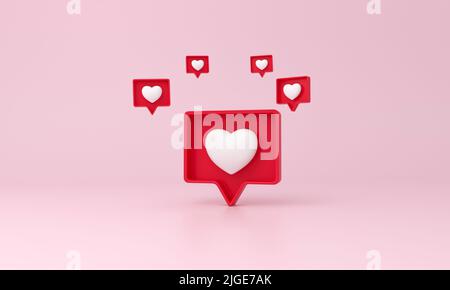 Icona come il cuore intorno con icona come il cuore su sfondo rosa. Notifiche come. 3D illustrazione. Foto Stock