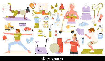 Illustrazione vettoriale del set di stile di vita attivo sano. Attrezzature sportive cartoon, allenamento donna in palestra, prodotti di dieta e integratori alimentari disintossicazione, esercizi di allenamento quotidiano isolati sul bianco Illustrazione Vettoriale