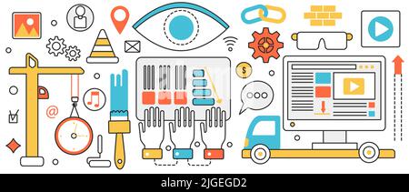 Sviluppo di software app. Processo astratto con l'applicazione di costruzione di gru, team di sviluppatori di creare contenuti web, gestione del tempo in banner di concetto infografico, design di arte sottile Illustrazione Vettoriale