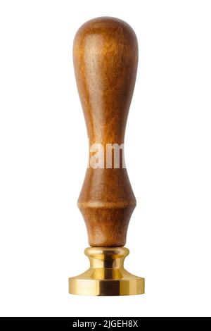 Stamper in bronzo classico stile retrò con manico in legno, isolato su sfondo bianco Foto Stock