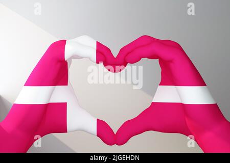 Gesto mani nel cuore dipinto nella bandiera Danimarca. 3d rendering Foto Stock