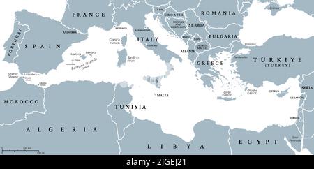 Il Mediterraneo, mappa politica grigia con frontiere internazionali, paesi e isole. Foto Stock