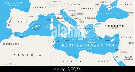 Le suddivisioni del Mar Mediterraneo, la mappa politica con gli stretti, i paesi e il Mar Nero. Foto Stock