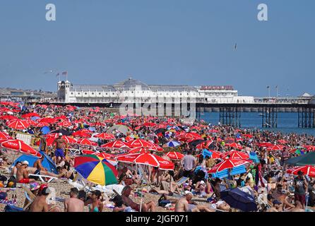 La gente gode del caldo tempo alla spiaggia di Brighton nel Sussex occidentale. Data foto: Domenica 10 luglio 2022. Foto Stock