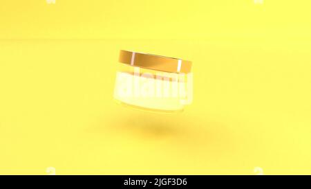 Vasetto crema su sfondo giallo cura della pelle del corpo 3D rendering Foto Stock