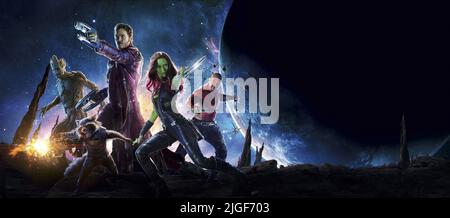 GROOT, rucola, CHRIS PRATT, Zoe Saldana, DAVE BAUTISTA, custodi della galassia, 2014 Foto Stock