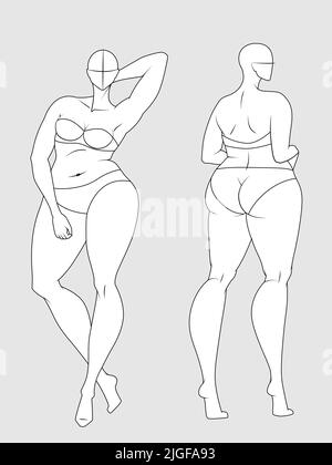 Modelli di figure moda Plus Size 10 Heads. Croquis esagerato per il disegno di modo e l'illustrazione Illustrazione Vettoriale