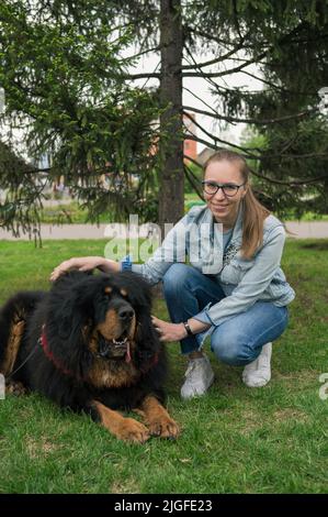 Donna felice che cammina con il mascrtiff tibetano nel parco Foto Stock