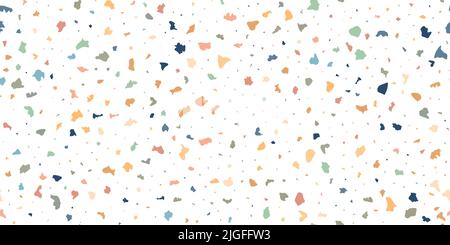 Terrazzo senza cuciture composto da pezzi di granito, quarzo, marmo e pietra. Texture pavimento macchiata. Pavimentazione classica bianca. Muro astratto Illustrazione Vettoriale