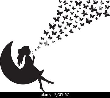 Ragazza su una luna che soffia bolle e farfalle silhouette, vettore. Silhouette ragazza sulla luna. Decalcomanie da parete isolate su sfondo bianco, design artistico Illustrazione Vettoriale