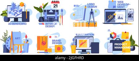 Icone creative per i progettisti. Web art pacchetto design artisti illustrazioni creative garish vettoriale modelli Illustrazione Vettoriale