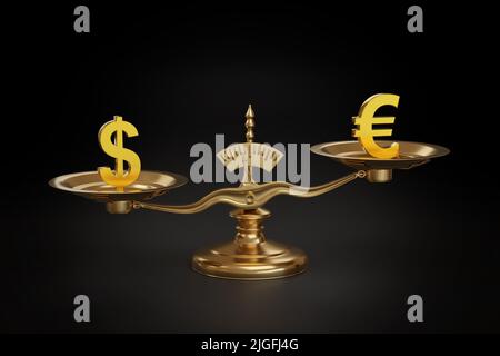 Bilance con segni in dollari ed euro sulle loro tavole. 3d illustrazione. Foto Stock