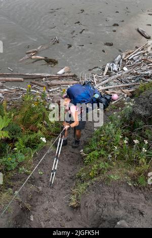 WA20557-00....WASHINGTON - Backpacker attraversando una testa di spiaggia fangosa con l'aiuto di una corda nel Parco Nazionale Olimpico. SIG. N. S1 Foto Stock