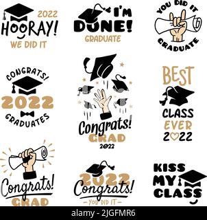 Etichette di laurea scolastica. Congrats 2022 simboli accademici, congratulazioni scuola laureata, università. Retrospettiva educazione tidy Illustrazione Vettoriale