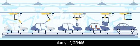 Trasportatore per auto. Produzione di auto con motore, linea di produzione di robotica intelligente per auto. Produzione industriale, processo di assemblaggio di automobili vettore recente Illustrazione Vettoriale