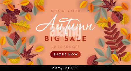 Banner vendita autunno con foglie. Modello vettoriale per banner di vendita, poster promozionale, volantino, invito, sito Web, biglietto d'auguri, voucher, ecc. Illustrazione Vettoriale