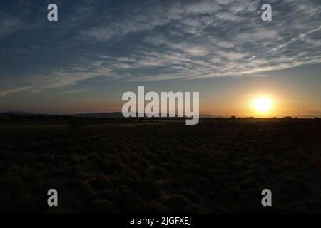 Tramonto del deserto che mostra l'intera di una piccola città agricola Foto Stock