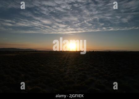 Tramonto del deserto che mostra l'intera di una piccola città agricola Foto Stock