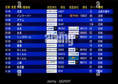 Volo di partenza bordo Narita International Airport Japan Foto Stock