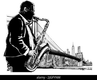 Sassofono nello storico ponte di Brooklyn - illustrazione vettoriale (ideale per la stampa su tessuto o carta, poster o carta da parati, decorazione di casa) Illustrazione Vettoriale