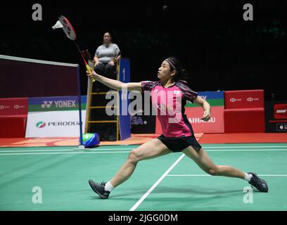 Kuala Lumpur, Malesia. 10th luglio 2022. Un giovane se della Corea compete contro Chen Yu Fei della Cina durante la partita finale singola femminile del Perodua Malaysia Masters 2022 all'Axiata Arena di Bukit Jalil. An se Young ha vinto con punteggi; 21/21 : 17/5 Credit: SOPA Images Limited/Alamy Live News Foto Stock