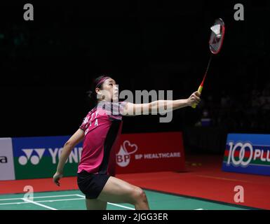 Kuala Lumpur, Malesia. 10th luglio 2022. Un giovane se della Corea compete contro Chen Yu Fei della Cina durante la partita finale singola femminile del Perodua Malaysia Masters 2022 all'Axiata Arena di Bukit Jalil. An se Young ha vinto con punteggi; 21/21 : 17/5 (Photo by Wong Fok Loy/SOPA Images/Sipa USA) Credit: Sipa USA/Alamy Live News Foto Stock