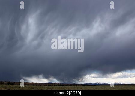 Un fronte meteorologico in rapido movimento a fine maggio si muove attraverso un piatto di sagebrush sul Grand Teton NP del Wyoming, USA. Foto Stock