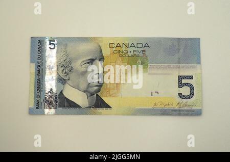 Banconota da cinque dollari, $5 (Wilfrid Laurier), dollaro canadese, CAD, Canada, Nord America Foto Stock