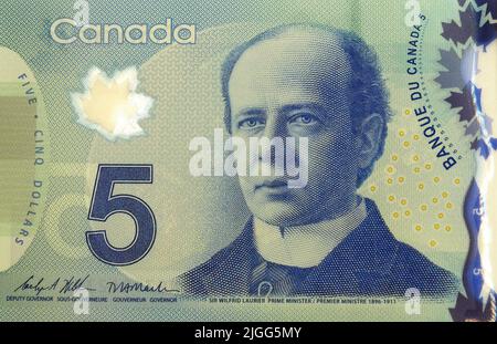 Banconota da cinque dollari, $5 (Wilfrid Laurier), dollaro canadese, CAD, Canada, Nord America Foto Stock