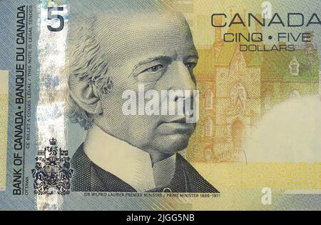 Banconota da cinque dollari, $5 (Wilfrid Laurier), dollaro canadese, CAD, Canada, Nord America Foto Stock