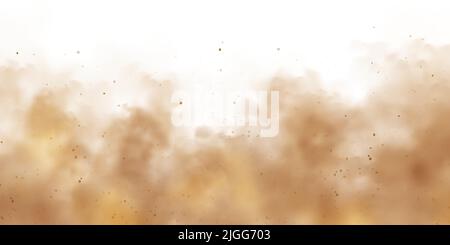 Nuvole di polvere realistiche isolate su sfondo bianco. Tempesta di sabbia con particelle di sporco, aria marrone sporca inquinata, smog. Illustrazione vettoriale Illustrazione Vettoriale