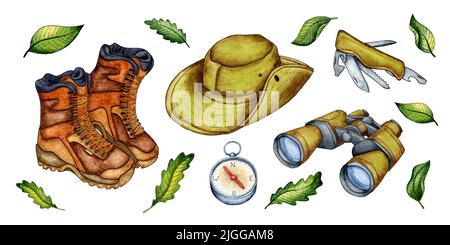 Set di illustrazioni acquerello di scarponi da trekking, cappello, binocolo, bussola, coltello da campeggio. Per la progettazione di composizioni di design sul tema del touris Foto Stock