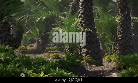 foresta triassica con felce preistoriche Foto Stock