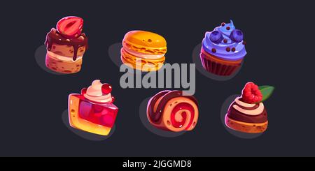 Giochi icone dolci, dolci e dessert. Cartoon 2D ui elementi grafici, pasticceria, cupcakes, maccheroni, rotolo con condimenti, set di vettori isolati di chocloate, bacche e frutti Illustrazione Vettoriale