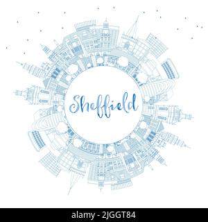 Delineare Sheffield UK City Skyline con edifici blu e spazio copia. Illustrazione vettoriale. Sheffield South Yorkshire paesaggio urbano con punti di riferimento. Illustrazione Vettoriale